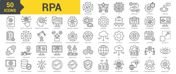 RPA icon collection set. Containing Automation, production, robot, AI, workflow, efficiency, chatbot, scripting, task management, integration, software, digital transformation icon. Simple line vector