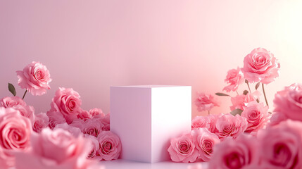 Cubic podium with pink rose on cosmetic pink background for products display