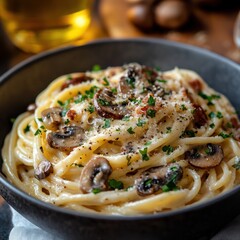 An exquisite serving of the most delicious creamy spaghetti carbonara with sauteed mushrooms,...