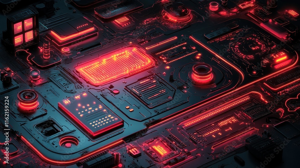 Aufkleber abstract circuit board with glowing red elements.