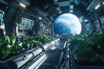 Inside a spacecraft, lush green plants grow in rows beneath high-tech lighting. A large window reveals Earth, showcasing a vibrant blue planet in the vastness of space.