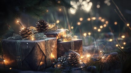 Rustically wrapped Christmas gifts adorned with pinecones and festive lights, creating a warm holiday atmosphere with a cozy touch.