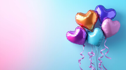 horizontal banner for happy valentines day, beautiful colorful multi-colored heart shaped balloons and ribbons on pink background for text with glittering bokeh, copyspace