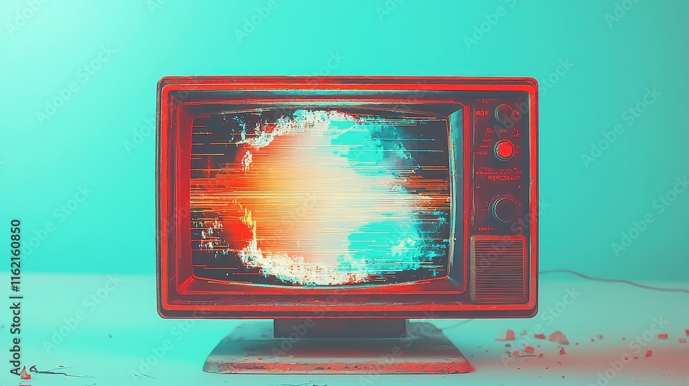 Poster vintage tv glitch, an abstract composition showcasing flickering screen distortions, analog signal i