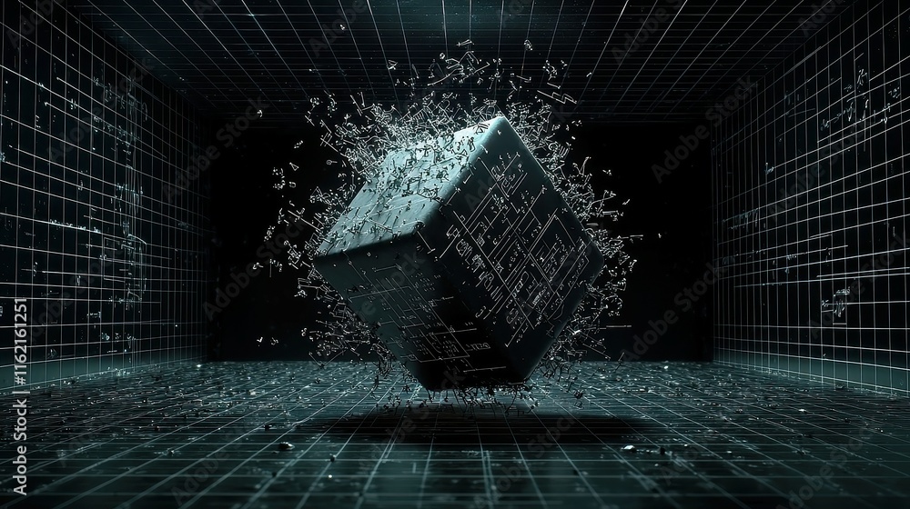 Poster dynamic animation showcasing flowing mathematical formulas across a grid on a black backdrop, illust