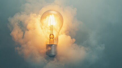 Innovative Lightbulb Rocket Launch on Soft Gray Background