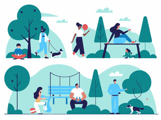 Ai generates vibrant park scene family friends and pets enjoying nature urban oasis digital illustration outdoor fun