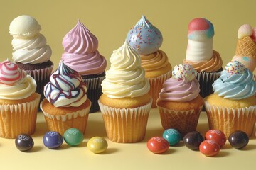 Assorted delicious cupcakes with colorful frosting and candies.