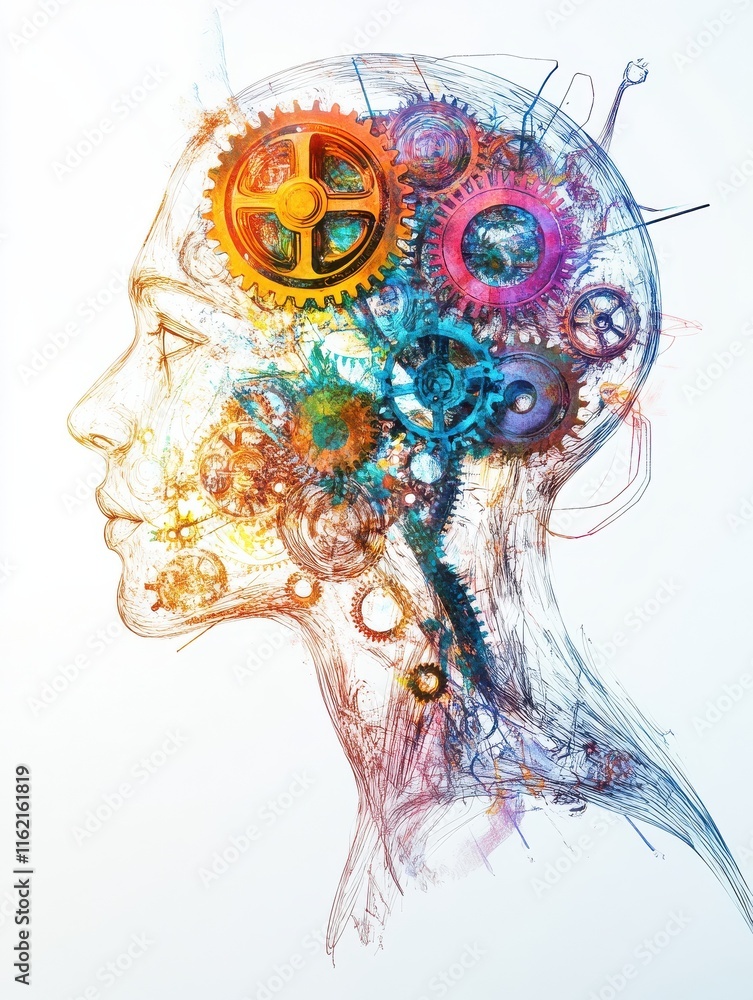 Poster abstract colorful wide image of head outline with gears sketch on white background. art, brain and s