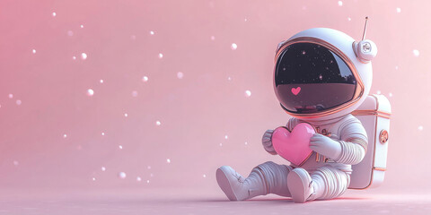 Astronaut with Heart on Pink Background. Valentine's Day Background. Love Heart. Romantic Concept