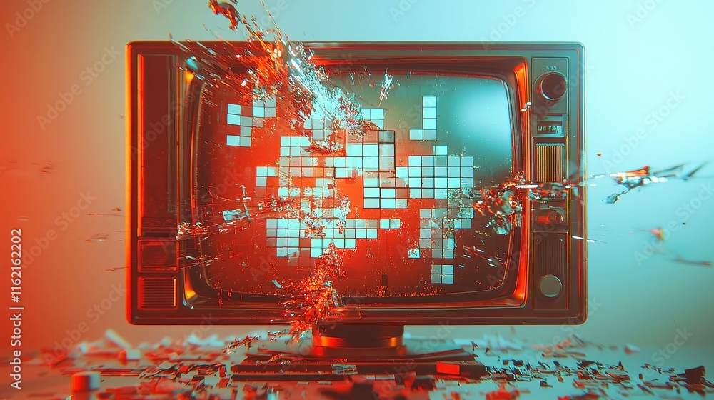 Poster digital tv glitch display, an abstract visualization of a television screen affected by static disto