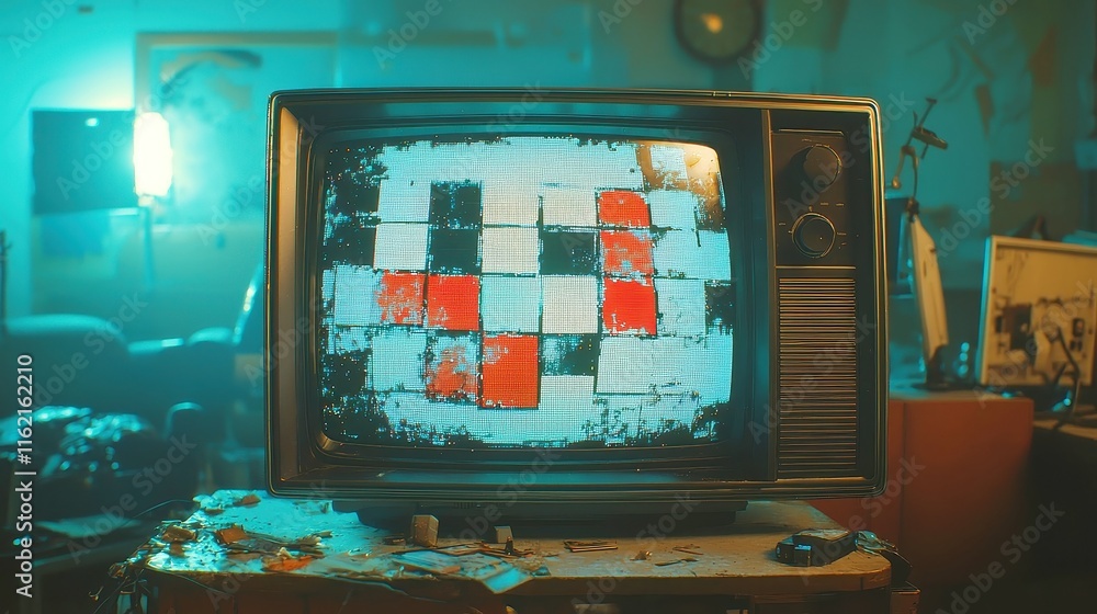 Poster digital tv glitch with misplaced squares, distorted screen displaying static effects and freezing is