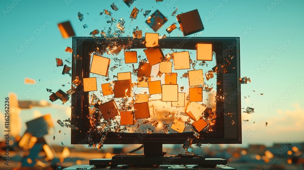 Poster digital tv glitch display, a distorted television screen showcasing misplaced squares, static effect