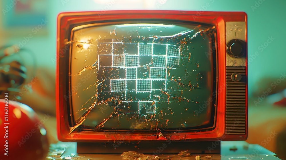 Aufkleber digital tv glitch display, a distorted television screen showcasing misplaced squares, static interf