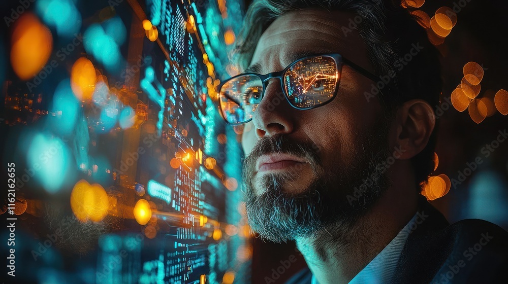 Poster man with glasses analyzing digital data on a screen.