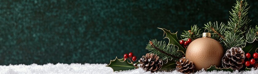 Rustic Wooden Christmas Ornaments and Pine Cones on a Snowy Surface with Green Background
