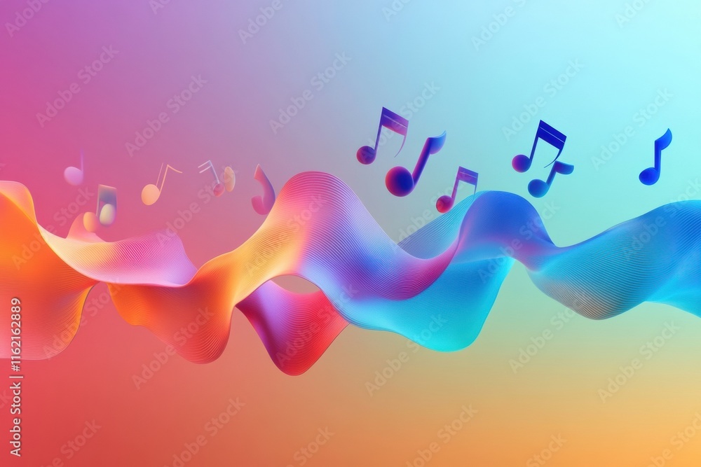 Aufkleber Colorful 3D music notes floating over vibrant wave patterns in a creative digital art composition. Generative AI