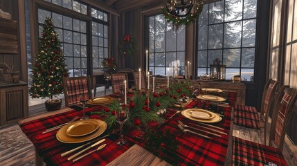 a festive dining room setup with a rustic table adorned in red and green plaid, gold plates, silverware, and a pine centerpiece with cranberries and candles, embodying a christmas home decor theme