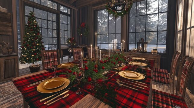 a festive dining room setup with a rustic table adorned in red and green plaid, gold plates, silverware, and a pine centerpiece with cranberries and candles, embodying a christmas home decor theme