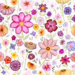 Fototapeta premium Summermeadow - Variously shaped colorful flowers of a summer meadow on a light pink background form a beautiful floral seamless pattern