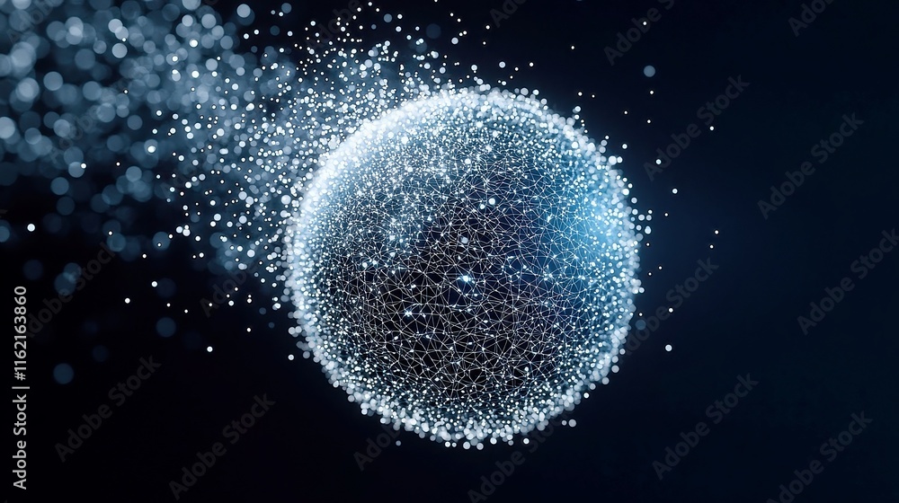 Poster connected earth, an abstract 3d rendering showcasing a globe made of particles, symbolizing global c