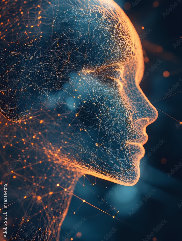 Poster abstract polygonal head outline on dark backdrop with mock up place. ai and human mind concept. 3d r