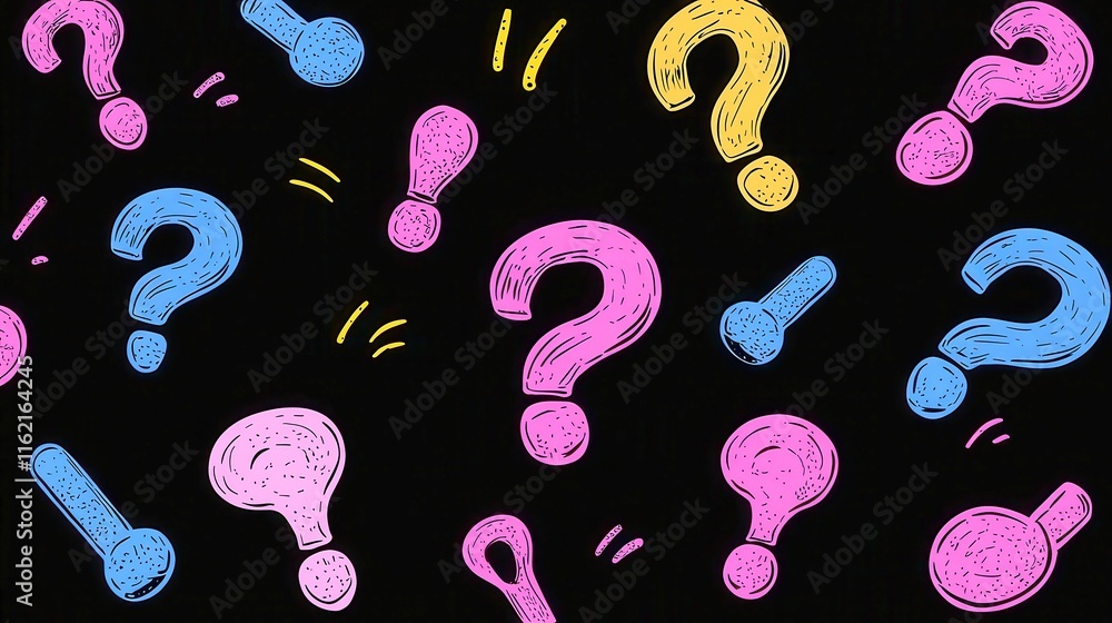 Aufkleber dynamic backdrop animation of swirling questions and confusion on a deep black canvas, creating an e
