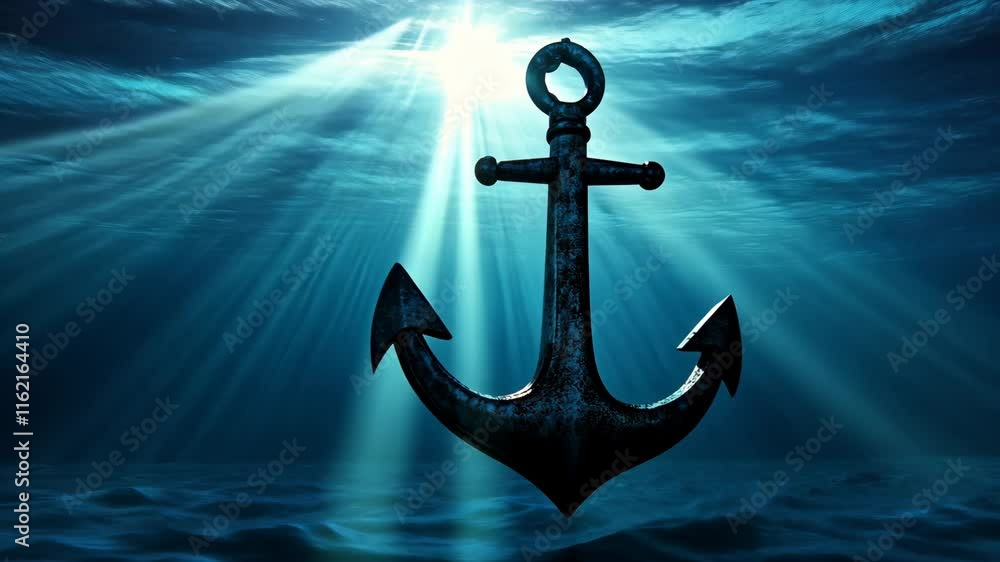 Poster mysterious anchor resting on the ocean floor illuminated by sunlight filtering through water