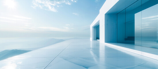 Obraz premium A minimalist of a modern, open-concept room with clean lines. The room is bathed in soft, natural light, casting gentle reflections on the smooth, polished floor