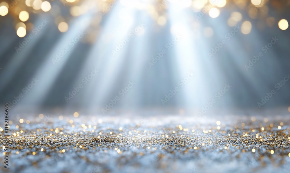 Poster a shimmering background with beams of light and sparkling particles.