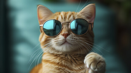 Naklejka premium playful ginger cat wearing reflective sunglasses looks cool and relaxed