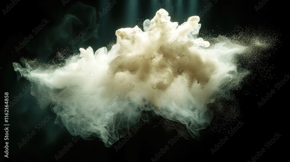 Poster dust particles in slow motion, delicate particles gracefully drifting in sunlight against a deep bla
