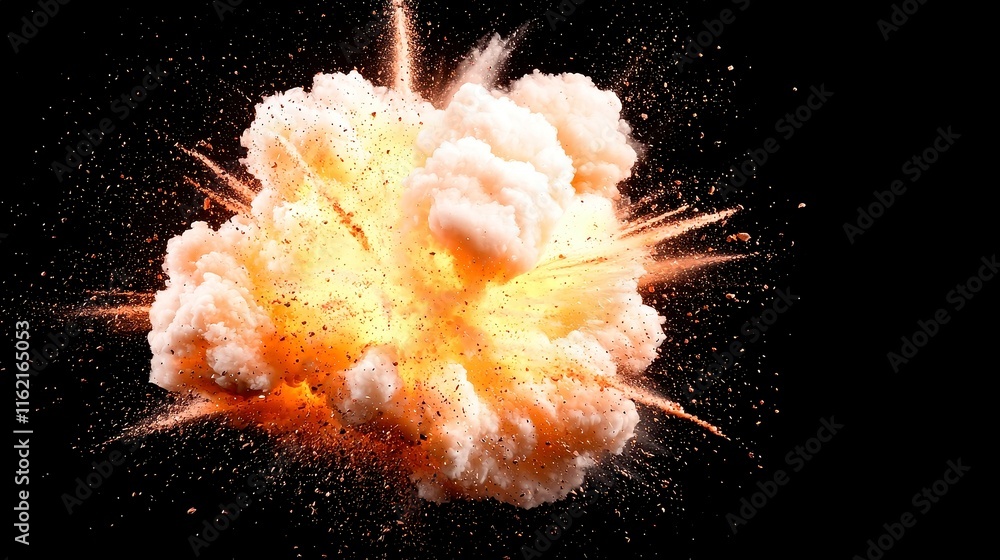Poster coal explosion captured in super slow motion, isolated against a black backdrop, showcasing intricat