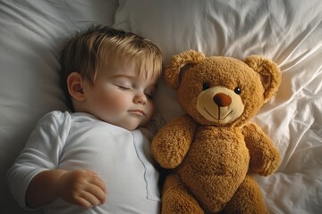 A young child peacefully sleeps beside a soft teddy bear in a serene bedroom setting. The warm sunlight gently illuminates their cozy space, creating a tranquil atmosphere.