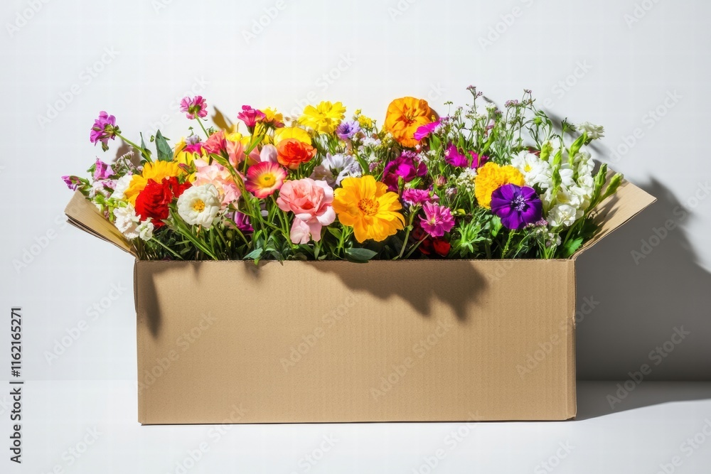 Poster colorful fresh flowers arranged beautifully in a cardboard delivery box with space for text. generat