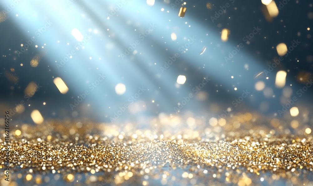 Poster sparkling golden particles illuminated by soft beams of light.
