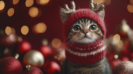 festive tabby cat wearing red hat and scarf surrounded by ornaments