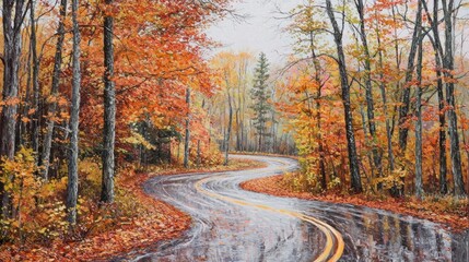 Naklejka premium Winding road through vibrant autumn foliage.