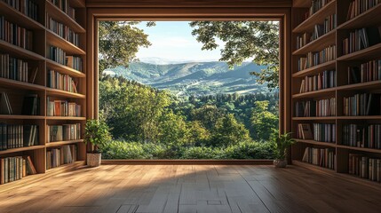 scenic bookshelf background interior home office library study window view of trees and hills backdrop. Rustic wood bookshelves in cozy room. Virtual online presentation teams meeting room background