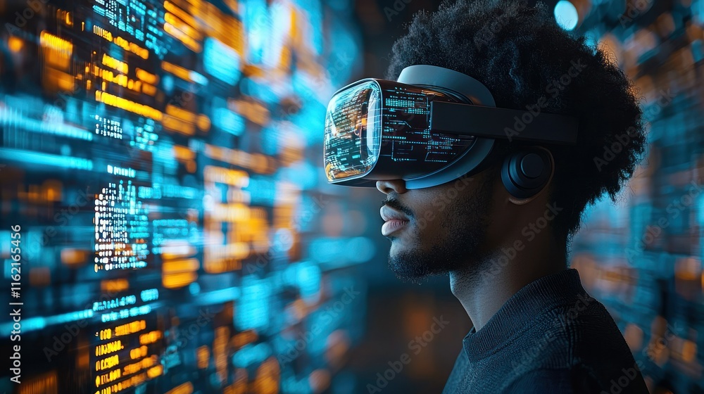 Aufkleber individual using virtual reality headset in a digital space.