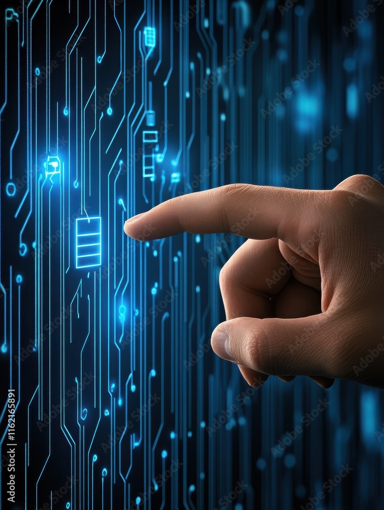 Poster businessman hand pointing at creative glowing circuit cloud computing interface on blurry blue bokeh