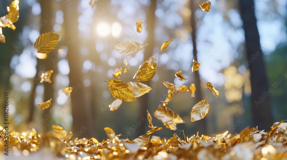 Aufkleber golden leaves falling in a serene forest setting with sunlight filtering through.