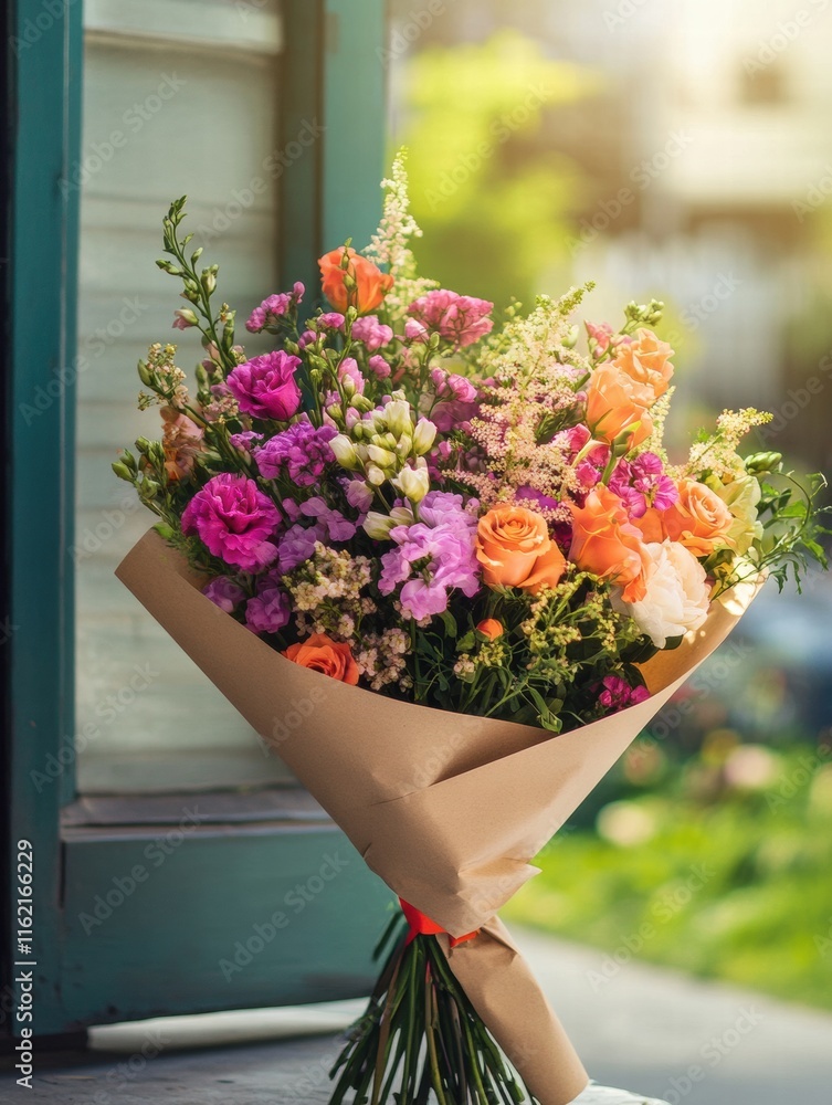 Poster colorful flower bouquet wrapped in kraft paper with copy space for design and text. generative ai