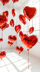 pink balloons in the shape of a heart under the ceiling