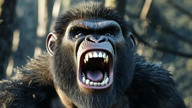 Aggressive scary monkey in a dense forest setting.