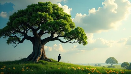 Ancient oak trees, majestic branches, lone bird perched , branches, oak