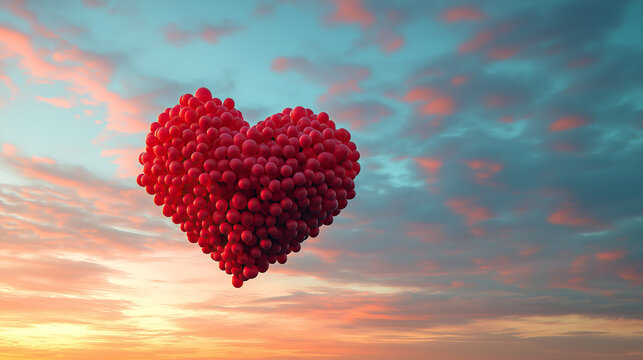 large heart shape composed of red balloons floating in the sky at dawn.