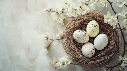 Fototapeta premium Happy easter background featuring a nest of colorful easter eggs surrounded by spring flowers, ideal for festive holiday celebrations, seasonal decorations, and creative flat lay designs with ample co