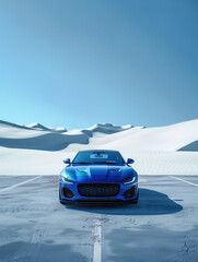 a blue new car parked in the middle of an empty parking lot surrounded by white sand dunes