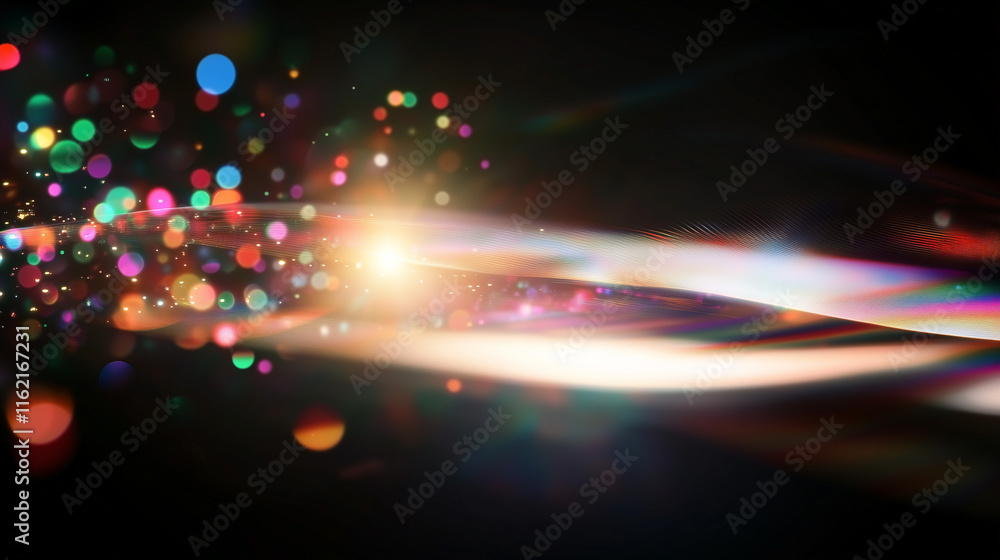 Poster Vibrant Holographic Abstract Background with Colorful Lights, Bokeh, and Lens Flare. Perfect for Futuristic and Sci-Fi Designs.